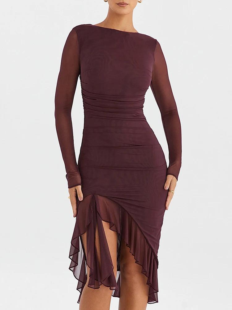 Elegant Sheer Long Sleeve Ruched Midi Dress for Women - Chic Club Party Vestido  OurLum.com Wine Red M 