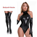 Seductive Glossy PU Leather Catsuit Set with Accessory Bundle  OurLum.com Black C XL 