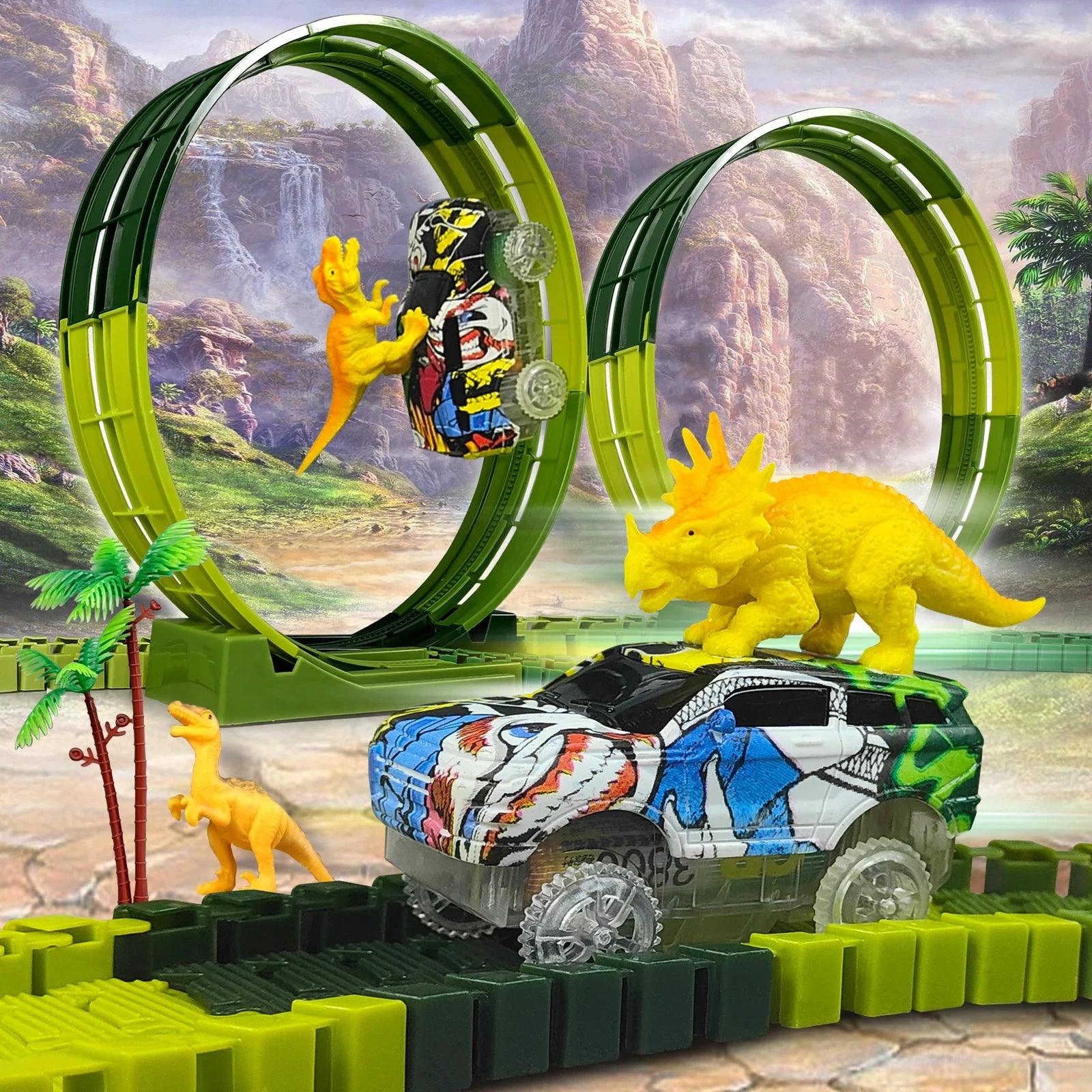 Climbing Dinosaur Track Adventure Playset: Flexible Road Race Car Toys  ourlum.com   