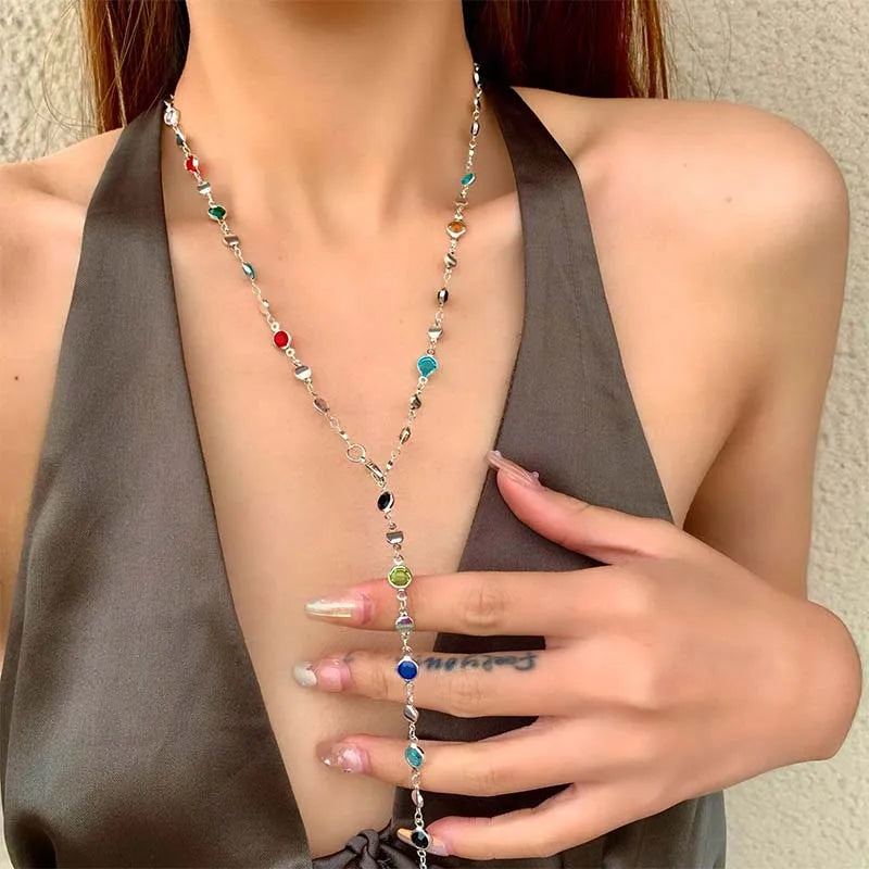 New Luxury Colourful Crystal Zircon Necklace For Women Shiny Rhinestone Long Tassel Choker Bohemian Statement Jewelry Gifts