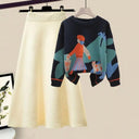 Winter Cartoon Print Knit Sweater & Skirt Set Chic Party