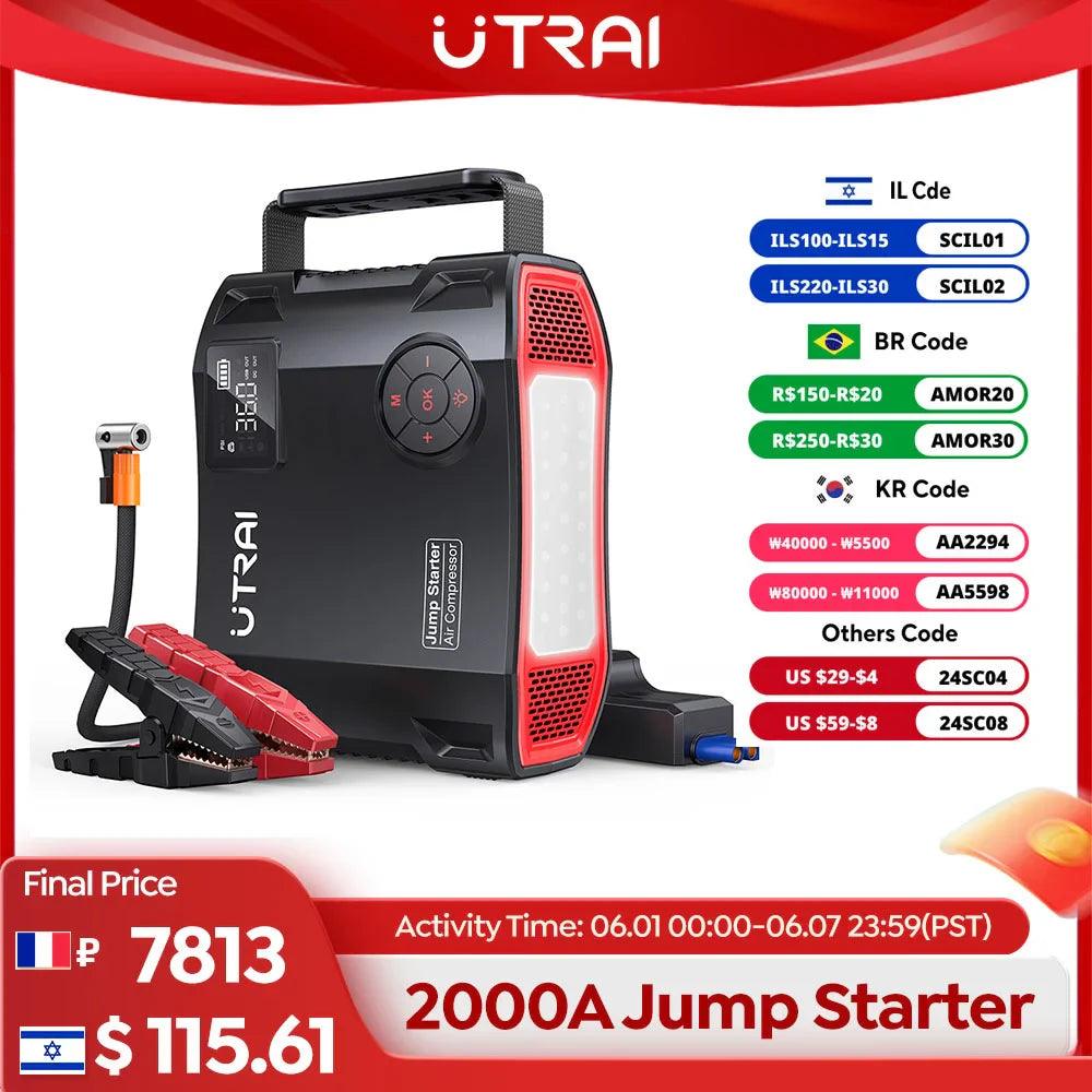 UTRAI Jump Starter 4 in 1 Pump Air Compressor 2000A  Power Bank 12V Digital Tire Inflator 150PSI Emergency Battery Boost  ourlum.com   