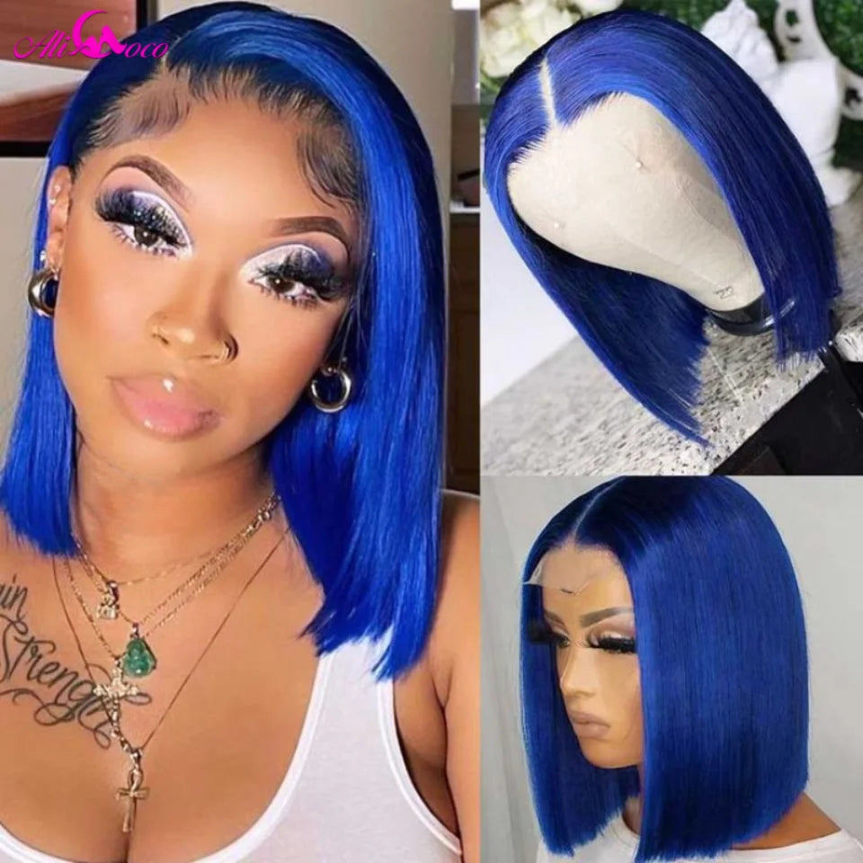 Blue Bob Wig Human Hair 13x4 Short Bob Lace Front Human Hair Wigs Brazilian Straight Transparent Lace Frontal Wig For Women