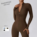 Empowering Elegance: Zipper Nude Long Sleeve High Intensity Workout Leotard  OurLum.com   