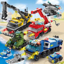 City Vehicles Building Blocks Set for Creative Kids: Construct Fire Car, Police Truck, Crane, Tank, Helicopter Bricks.  ourlum.com   