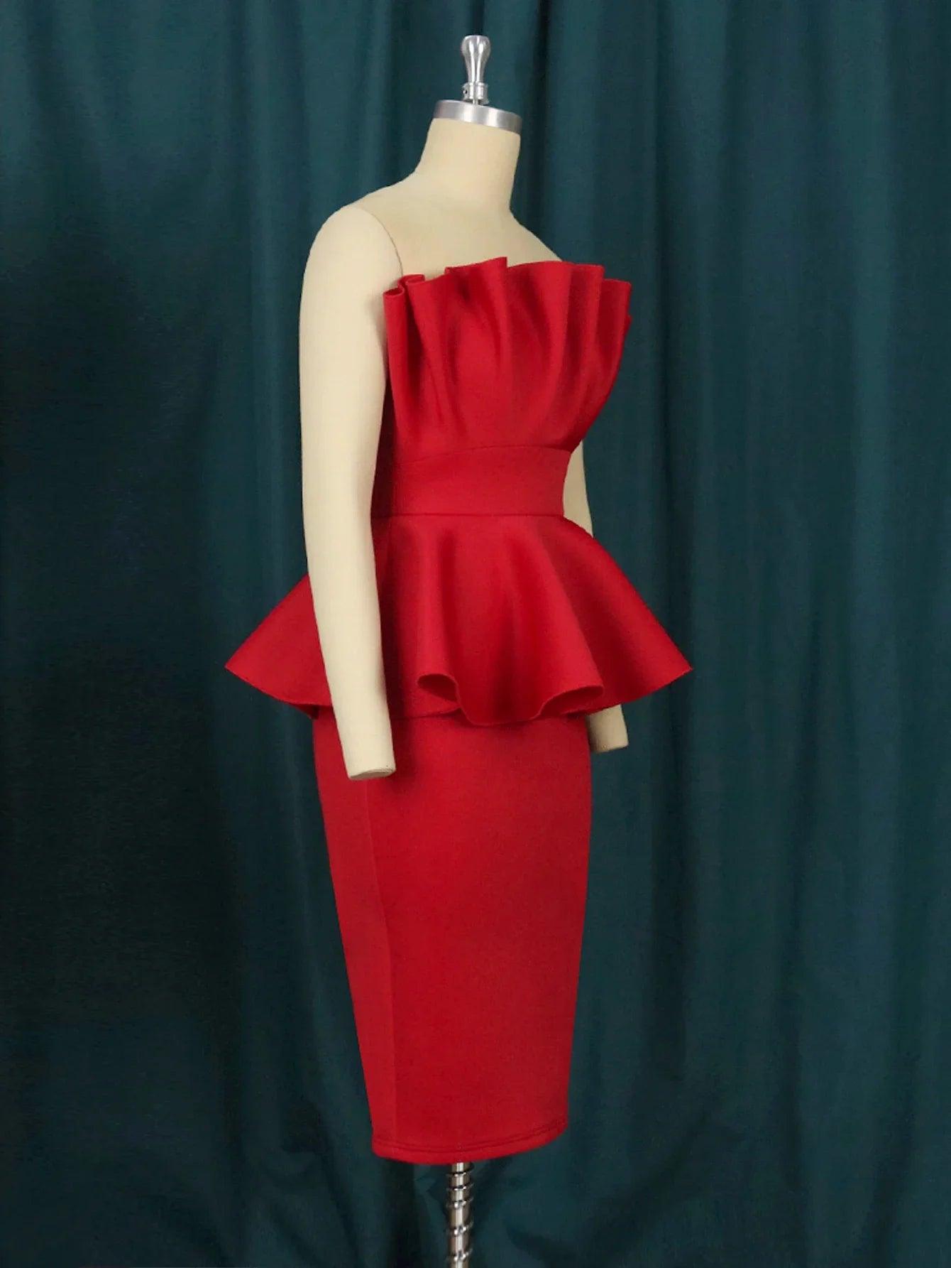 Red Ruffle Peplum Bare Shoulder Party Dress for Women - Elegant Large Size Evening Gown  OurLum.com   