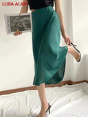 Solid Satin A-Line Midi Skirt Stylish Summer Fashion Statement