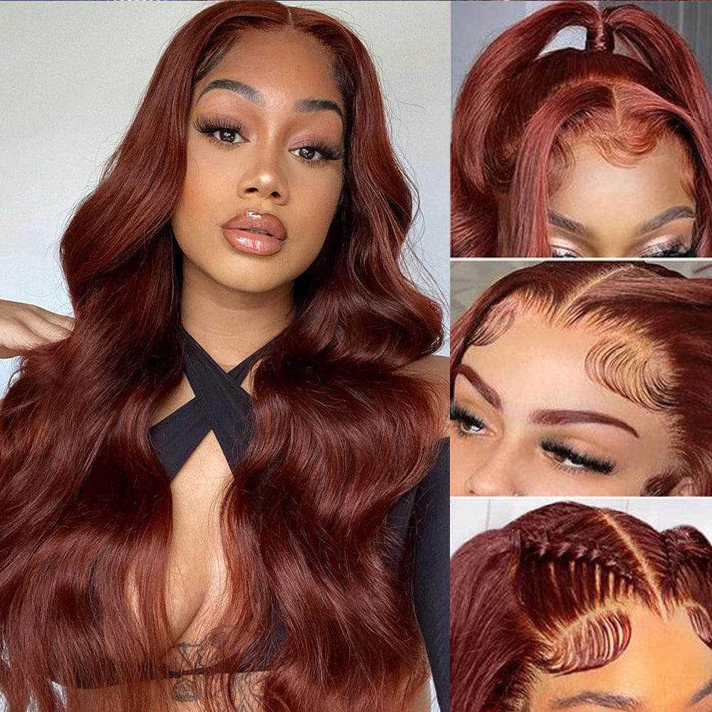 Luxurious Reddish Brown Body Wave Lace Front Human Hair Wig - HD Transparent Lace - 180% Density  ourlum.com   