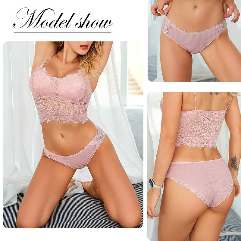 Elegant Lace Trim Women's Cotton Panties Set - Comfortable Low-Rise Lingerie Pack  Our Lum   