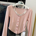 Pink Cropped T-shirt Retro Patchwork Design Korean Chic Fashion