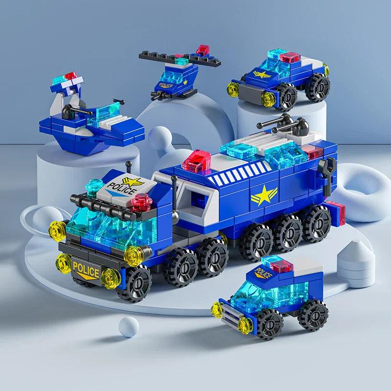 City Vehicles Building Blocks Set for Creative Kids: Construct Fire Car, Police Truck, Crane, Tank, Helicopter Bricks.  ourlum.com   