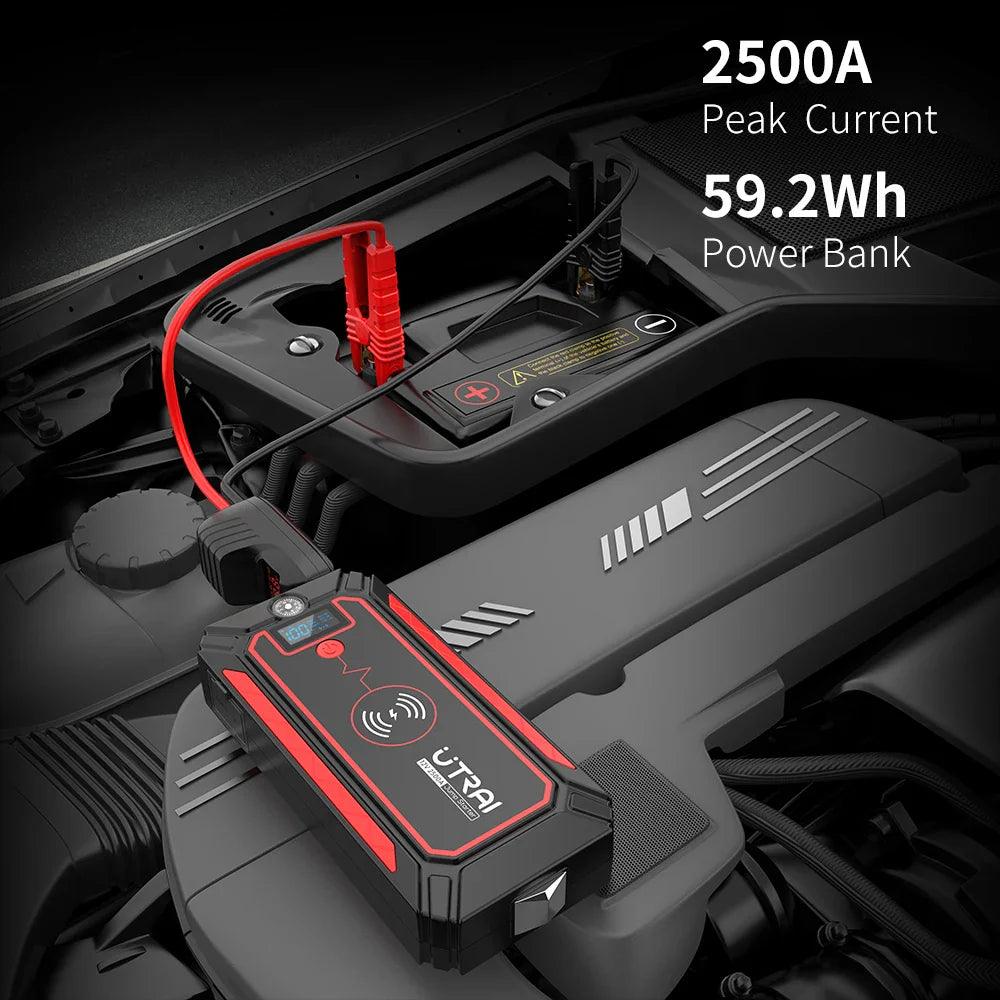 UTRAI 2500A Jump Starter Power Bank Battery Portable Charger 10W Wireless Charging LCD Screen Safety Hammer Car Starting Device  ourlum.com   