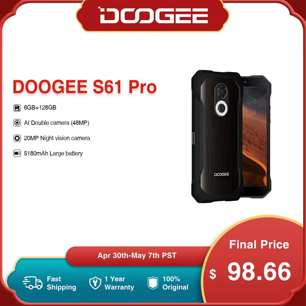 DOOGEE S61 Pro Rugged Phone IP68/IP69K 6.0" Android 12 Multiple Back Case Design 20MP Night Vision  5180mAh Phone