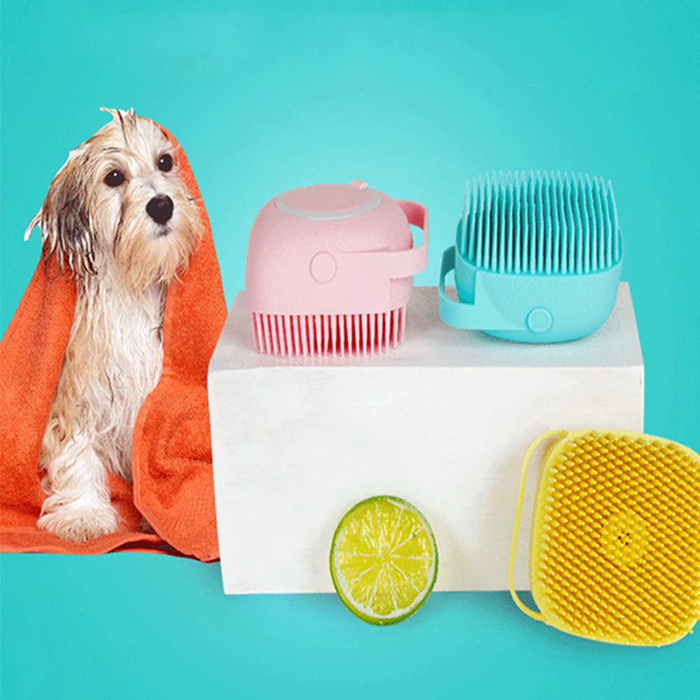 Dog Bath Massage Gloves Silicone Brush with Shampoo Box  ourlum.com   