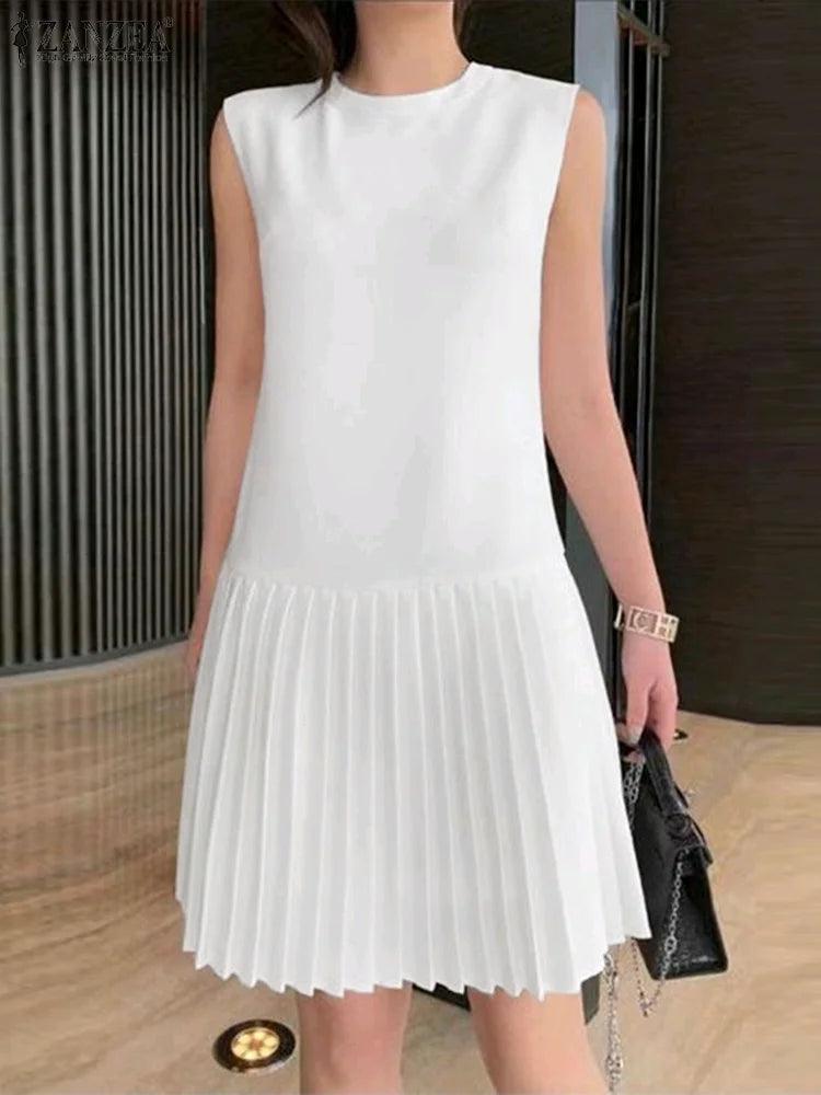 Elegant Solid Pleated Mini Dress for Women - Chic Sleeveless Sundress 2024 in Black, White, or Pink  OurLum.com Beige S 