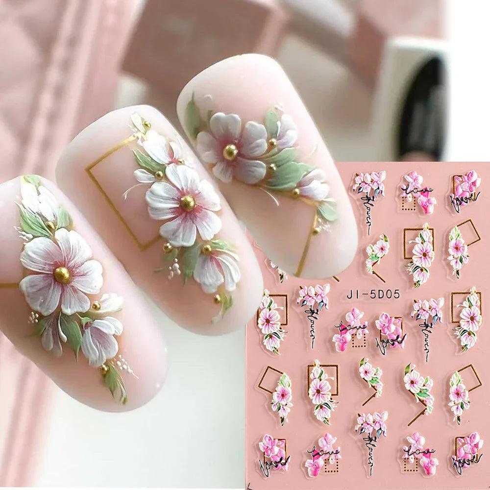 5D Nail Stickers Flowers Geometric Lines Decor Acrylic Embossed Sliders Gold Frame Nail Decals Cherry Blossom Manicure GLJI-5D05  ourlum.com   