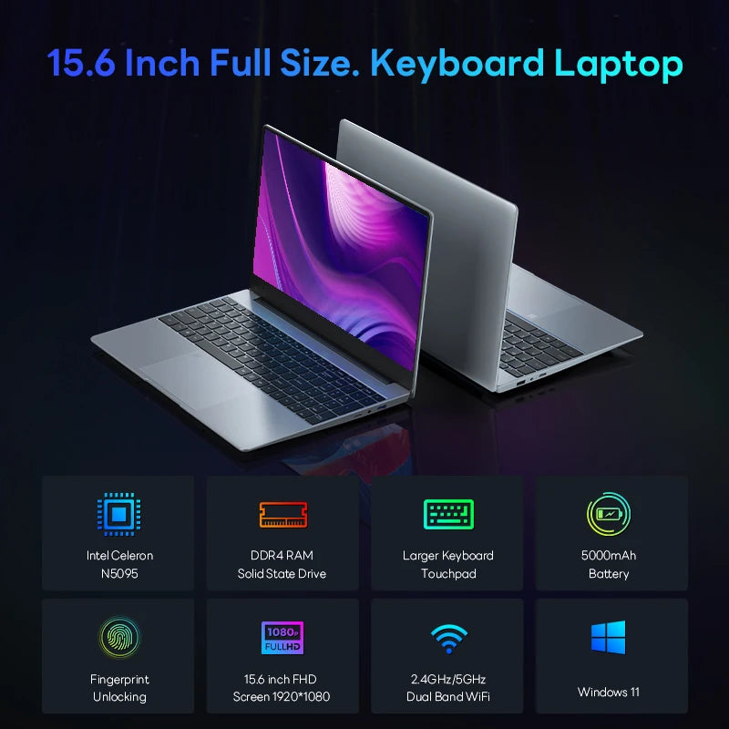 BYONE 15.6 Inch IPS Screen Laptop 16GB RAM Intel 11th N5095 Netbook Windows 11 Pro Gaming Office Notebook Business Pc Portable