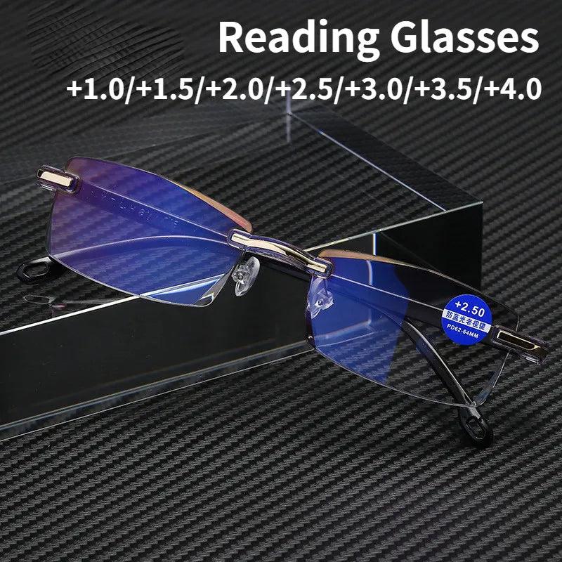 Blue Light Blocking Frameless Square Reading Glasses for Men and Women - Stylish Eyewear for Computer Use and Presbyopia  ourlum.com   