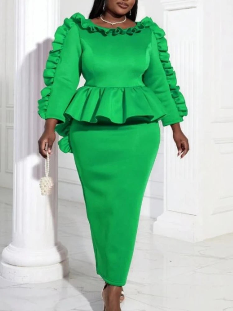 Elegant African Inspired Long Dress with Ruffles and Peplum - Perfect for Special Occasions  OurLum.com green S 