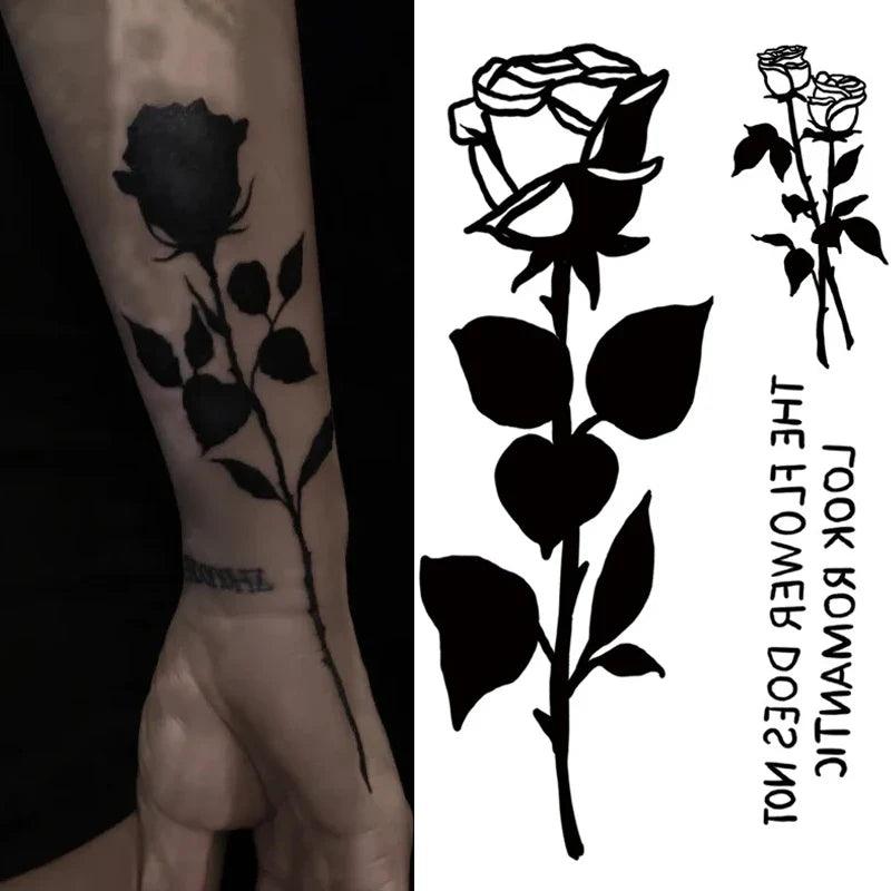 1PCS Black Rose Temporary Tattoo Sticker Flower Butterfly Body Legs Arm Art Realistic Fake Tattoo Festival Party Bikini Tattoos  ourlum.com   