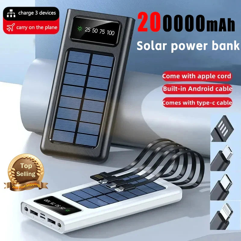 200000mAh Portable Solar Power Bank with Fast Charging and Integrated Cables for All Devices