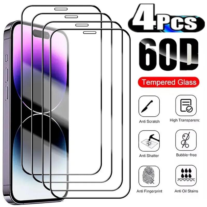 4-Pack 60D Full Coverage Tempered Glass Screen Protectors for iPhone - Compatible with iPhone 15, 11, X, XR, XS Max, 6, 7, 8 Plus, 13, 12, Mini, 14 Pro  ourlum.com For iPhone 15 4PCS Black edge 60D Super Tempered