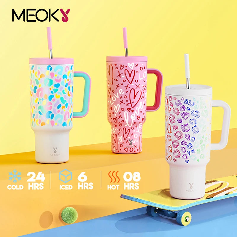 Meoky 40oz Tumbler Handle Straw Stainless Steel Cup