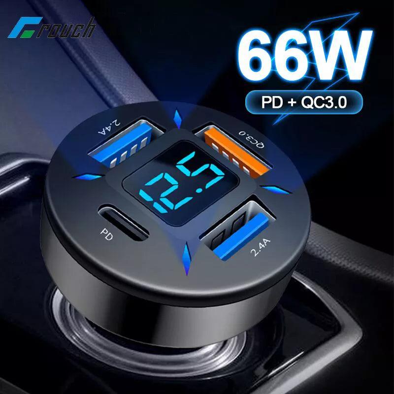 66W 4 Ports USB Car Charger with PD Quick Charge 3.0 - iPhone 13 12 Xiaomi Samsung Fast Charging Adapter  ourlum.com   