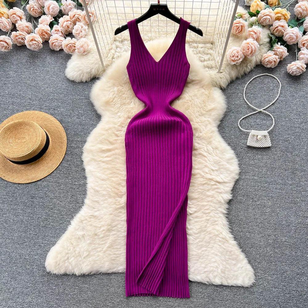 Seductive Knit Wrap Dress - Women's Slim Fit V-Neck Bodycon Streetwear Outfit  ourlum.com   