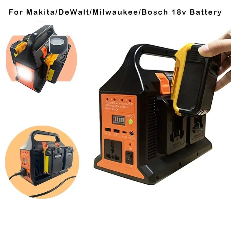 300W Portable Inverter for 18V Makita/DeWalt/Milwaukee/Bosch Batteries with USB & LED Light