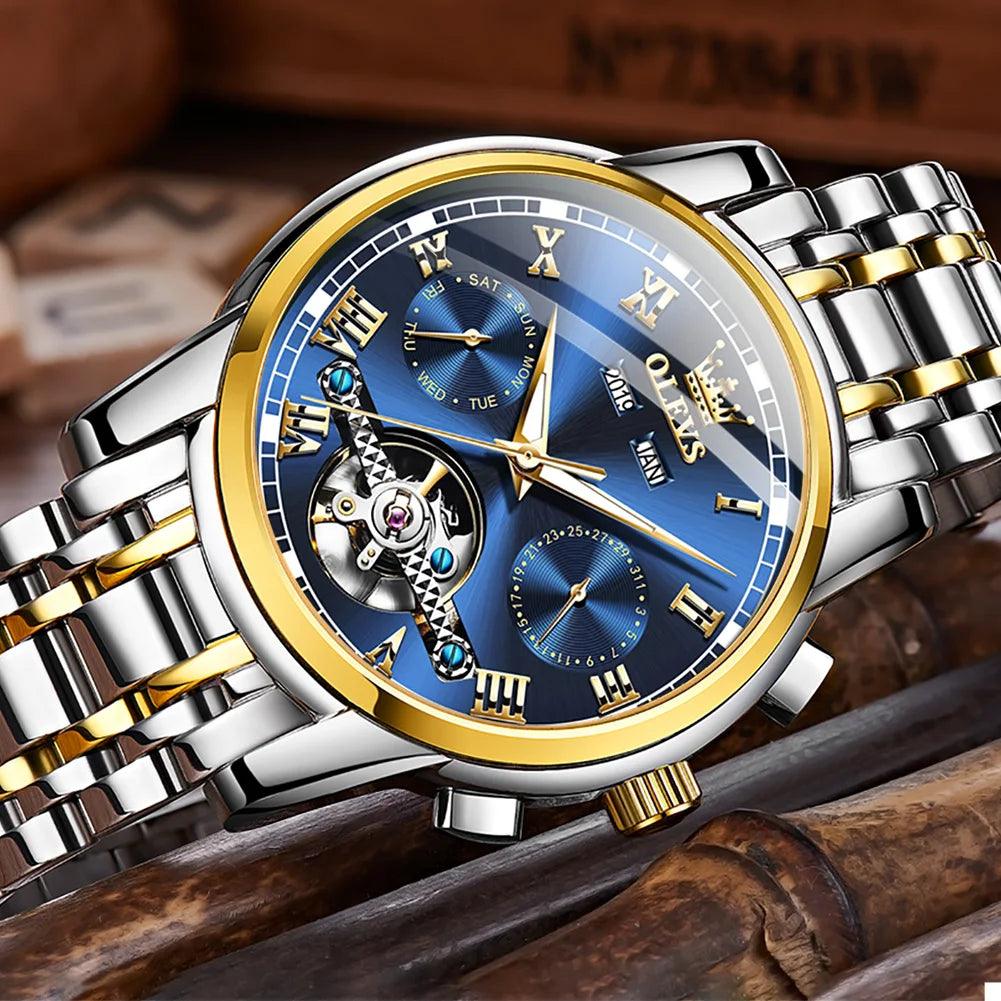 OLEVS Men's Business Stainless Steel Automatic Watch with Skeleton Calendar  ourlum.com   