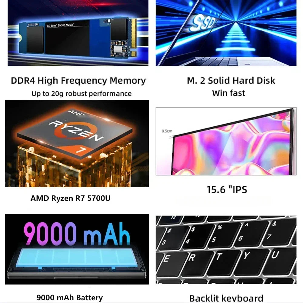 2024 AMD Laptops Gaming Office Business Notebooks Win11 15.6 inch IPS Ryzen7 5700U 8 Cores 32GB DDR4 2TB PCIE 9000mAh  ourlum.com   