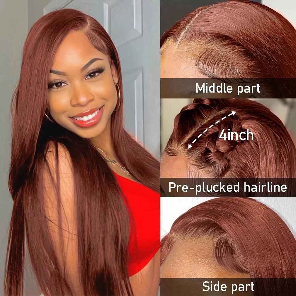 Dark Red Brown Bone Straight Brazilian Human Hair Lace Front Wig - Premium Quality, Versatile Styling  ourlum.com   