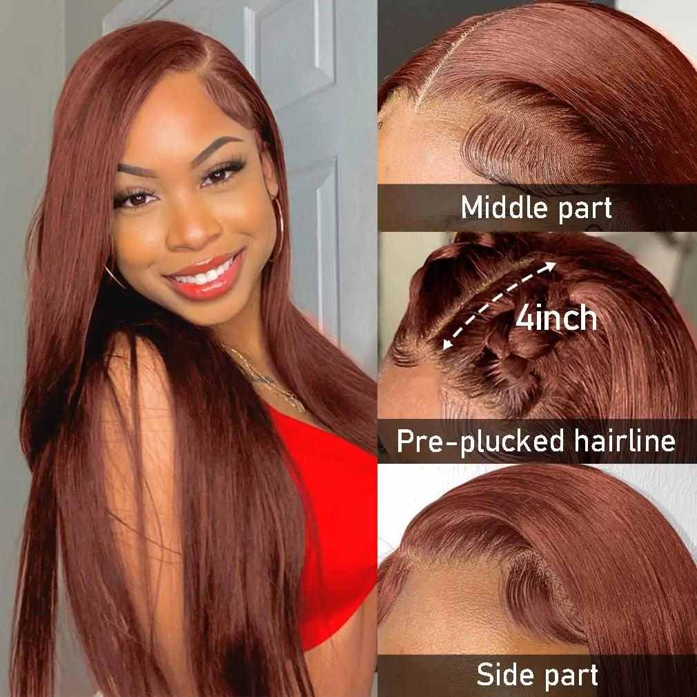 13x6 Reddish Brown Lace Front Human Hair Wig - Pre-Plucked Straight Brazilian Remy with HD Lace