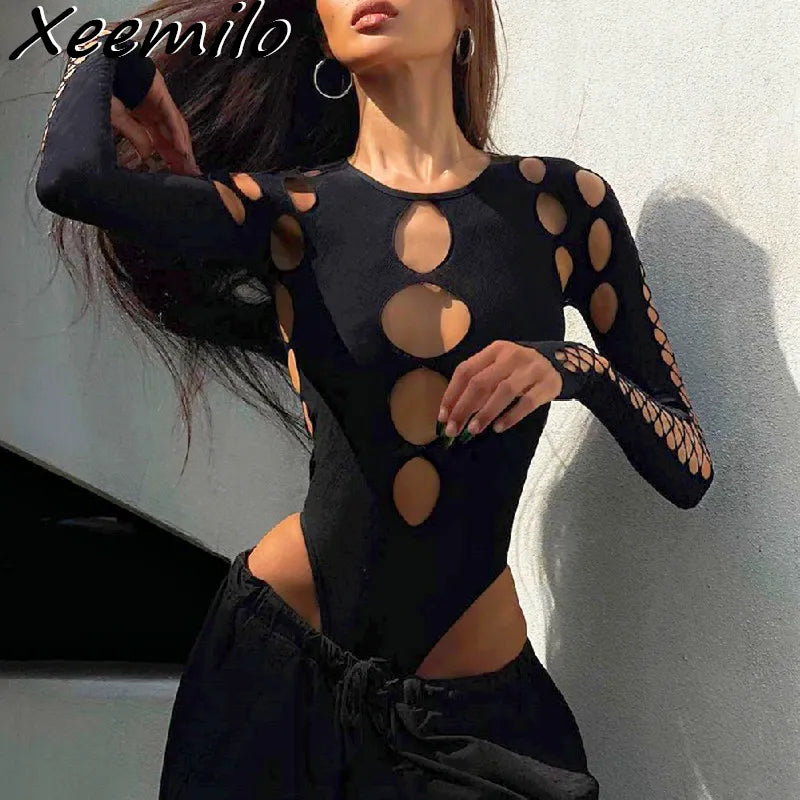 Sultry Chic Hollow Out Bodysuit with Punk Aesthetics for Women - Limited Edition  OurLum.com   