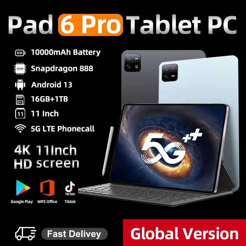 2024 NEW Original Pad 6 PRO Tablet Android 13 16GB 1T 11 Inch 10000mAh 5G Dual SIM Phone Call GPS Bluetooth WiFi WPS Tablet