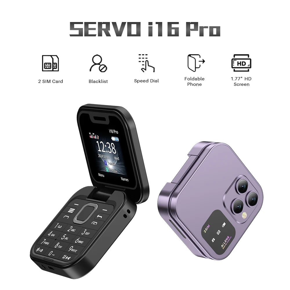 SERVO 2024 New Mini Flip Mobile Phone FM Radio Magic Voice Blacklist Speed Dial Vibration 2SIM Card Small Display Foldable Phone