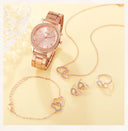 6PCS Set Rose Gold Luxury Watch Women Ring Necklace Earring Set