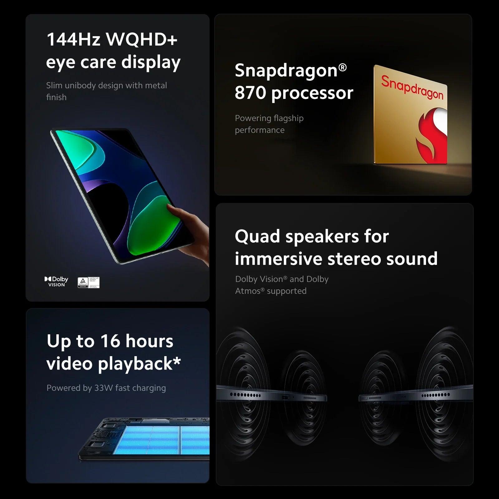 【World Premiere】Xiaomi Pad 6 Snapdragon 870 Processor 128GB/256GB 144Hz WQHD+ 11-inch Display 8840mAh 33W Fast Charging Tablet  ourlum.com   