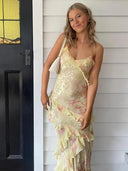 Tiered Ruffles Flower Print Maxi Dress Boho Chic Elegance