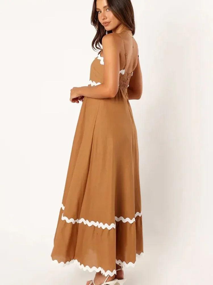 Wave Stripe Spliced Long Dress: Chic Sleeveless Gown