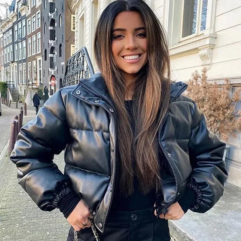 Elegant Black PU Leather Winter Parkas for Women - Stylish Zipper Closure Coats  ourlum.com   