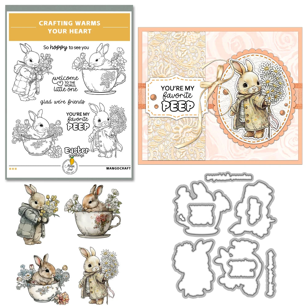 Easter Bunny Cup Cutting Dies and Clear Stamps for Spring DIY Scrapbooking and Card Making