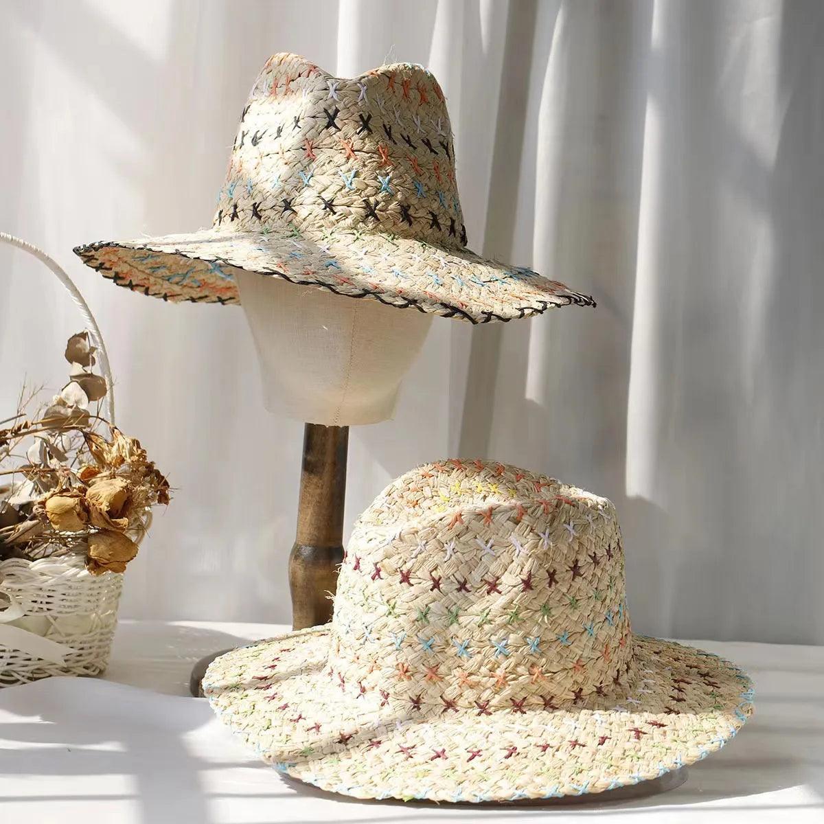 Raffia straw hat for women Bohemian colorful stitched straw hat ladies vacation sun hat beach summer vacation jazz hat panama