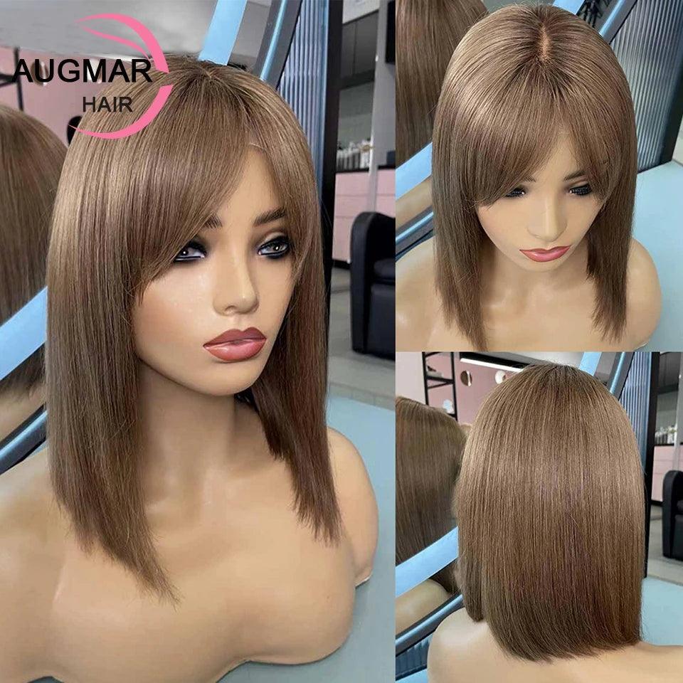 Chestnut Brown Brazilian Bob Lace Front Wig with Bangs for Women  ourlum.com   