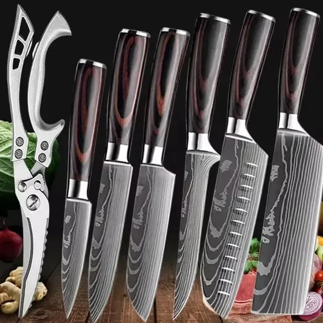 Laser-Etched Damascus Kitchen Cleaver & Multi-Purpose Knife Set