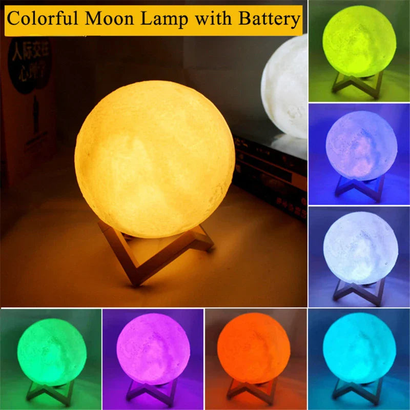 LED Night Light 3D Printing Moon Lamp with Stand 8CM/12CM Battery Powered 7 Color Change Kids Moon Night Lamp Home Decor  ourlum.com   