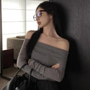 Knit Slash Neck Sweater: Stylish Defined Waist Elegant Top