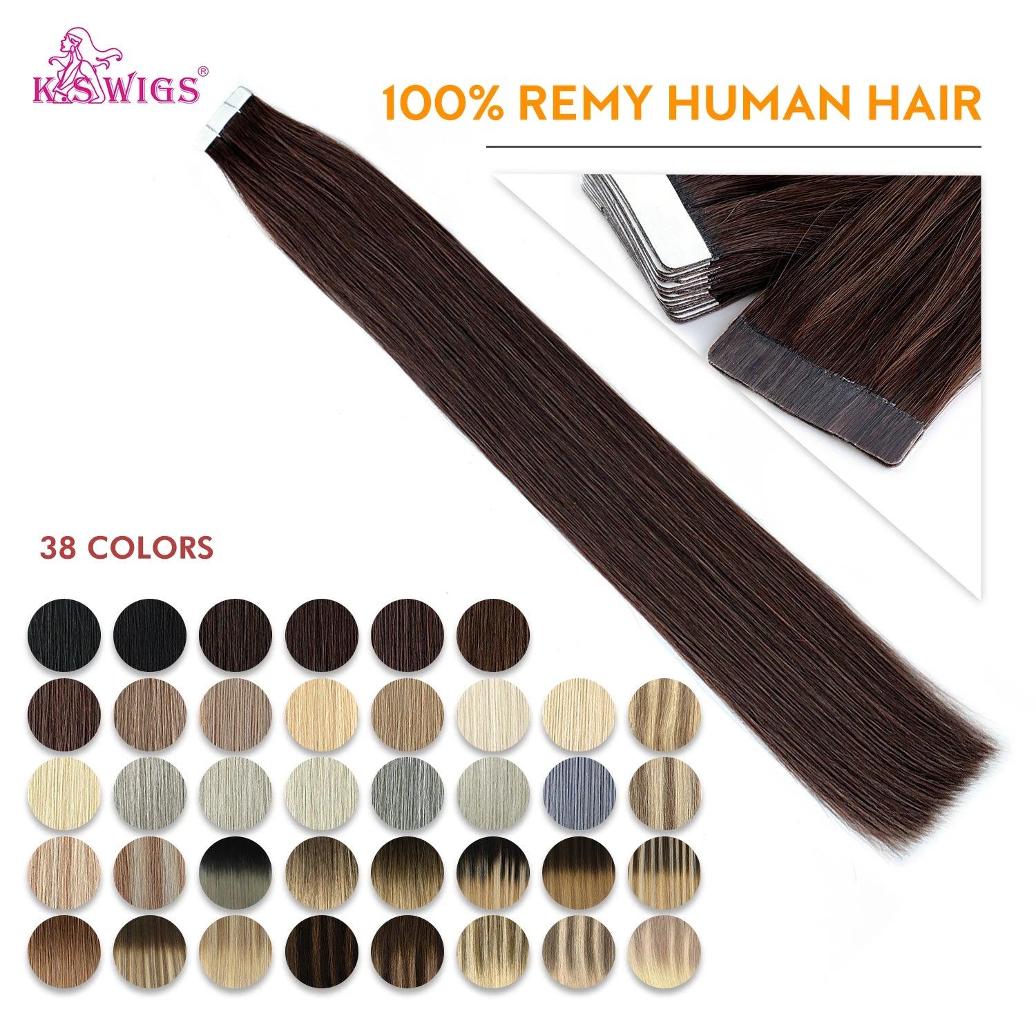 K.S WIGS Remy Tape In Human Hair Extensions Double Drawn Skin Weft Ombre Color Thick Ends Adhesive Hair Extensions 16''-24''