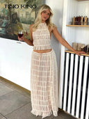 Bold Lace Up Maxi Skirt Suit with Backless Sling Top - Women's Fashion 2 Piece Set  ourlum.com   